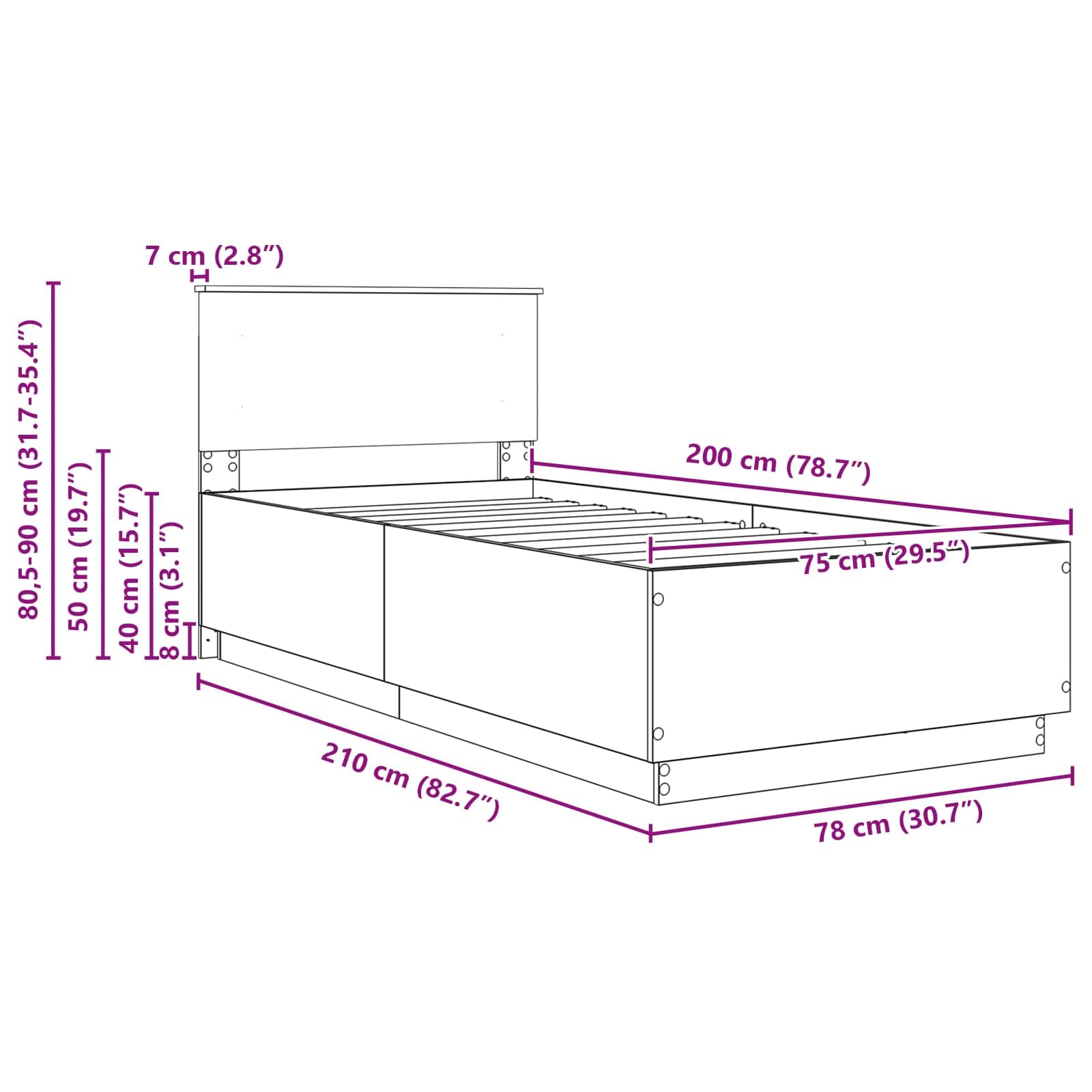 vidaXL Estructura de Cama con Tiras LED Roble Sonoma 70 x 190 cm
