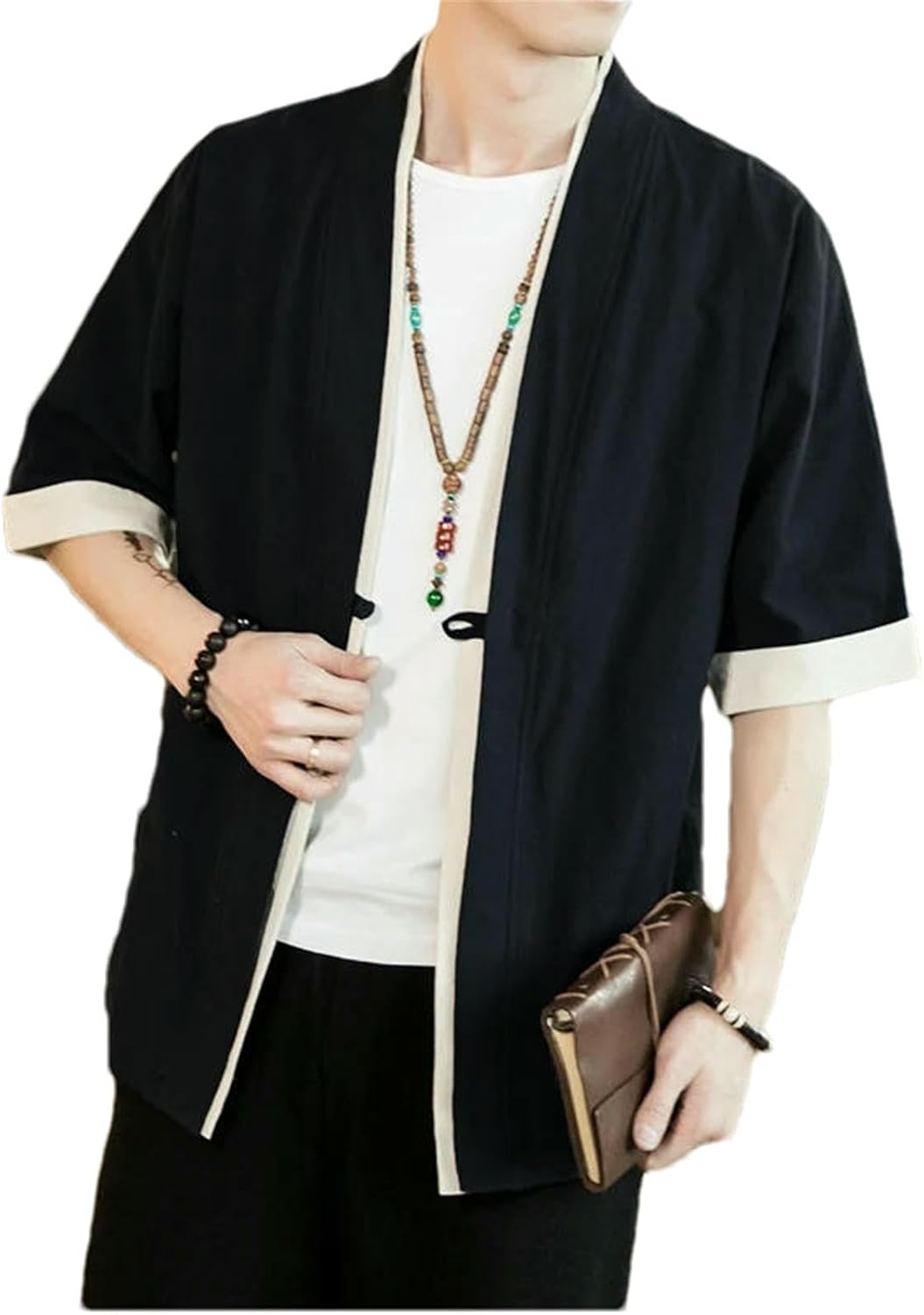 Summer Mens Kimono Jackets Cardigan Lightweight Casual Cotton Blends Linen Seven Sleeves Open Front Hanfu Coat Shirt