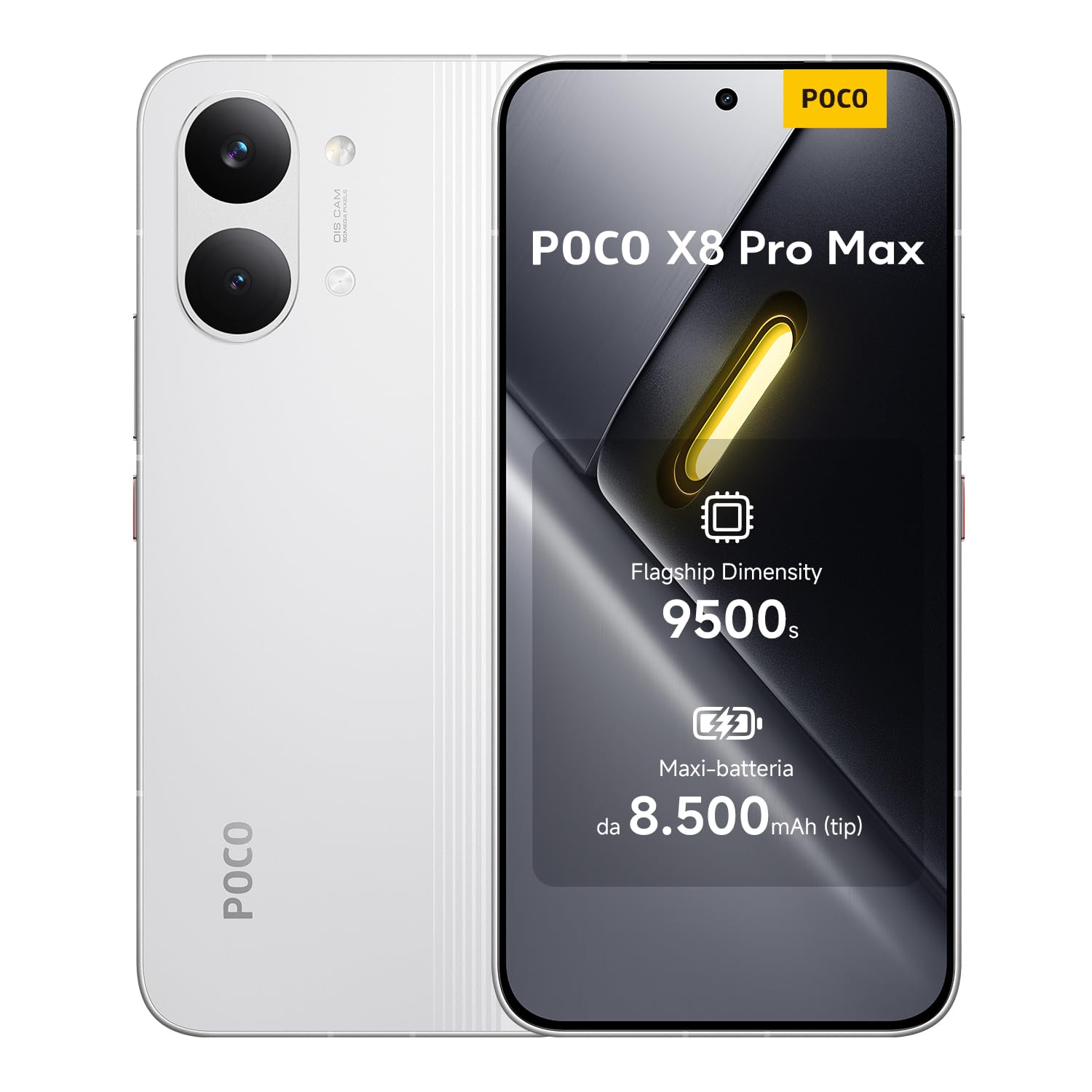 POCO X8 Pro Max, Smartphone 12+256GB, Dimensity 9500s, Batteria 8500mAh (typ), Display AMOLED ultra luminoso, Fotocamera da 50MP con OIS, Bianco, Garanzia 2 anni+1 anno extra, Caricatore non incluso