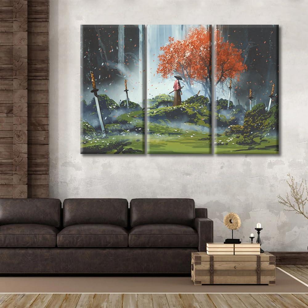 Rebotipy Samurai Posters Pictures 3 Panels Artwork for Walls Canvas Prints Samurai and Sword Room Wall Decor Stretched and Framed Ready to Hang (60" Wx40 H)