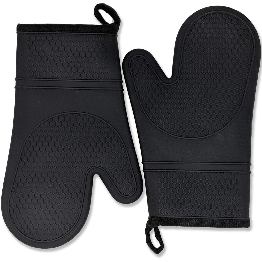 Generic Silicone Oven Mitts, Non-Slip, Flexible, Durable, Easy Clean, Cotton Lined, Black (Pair of 2)
