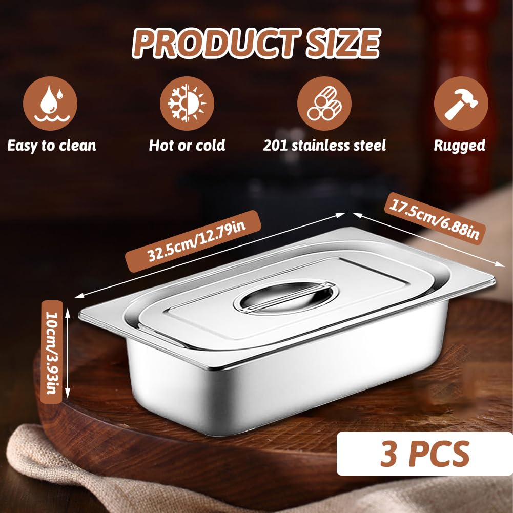 Juego de 3 cuencos para empanar, acero inoxidable 1/3 con tapa, juego de empanado para chuletas, recipientes resistentes al calor, para carne, pescado, metal, camino rectangular