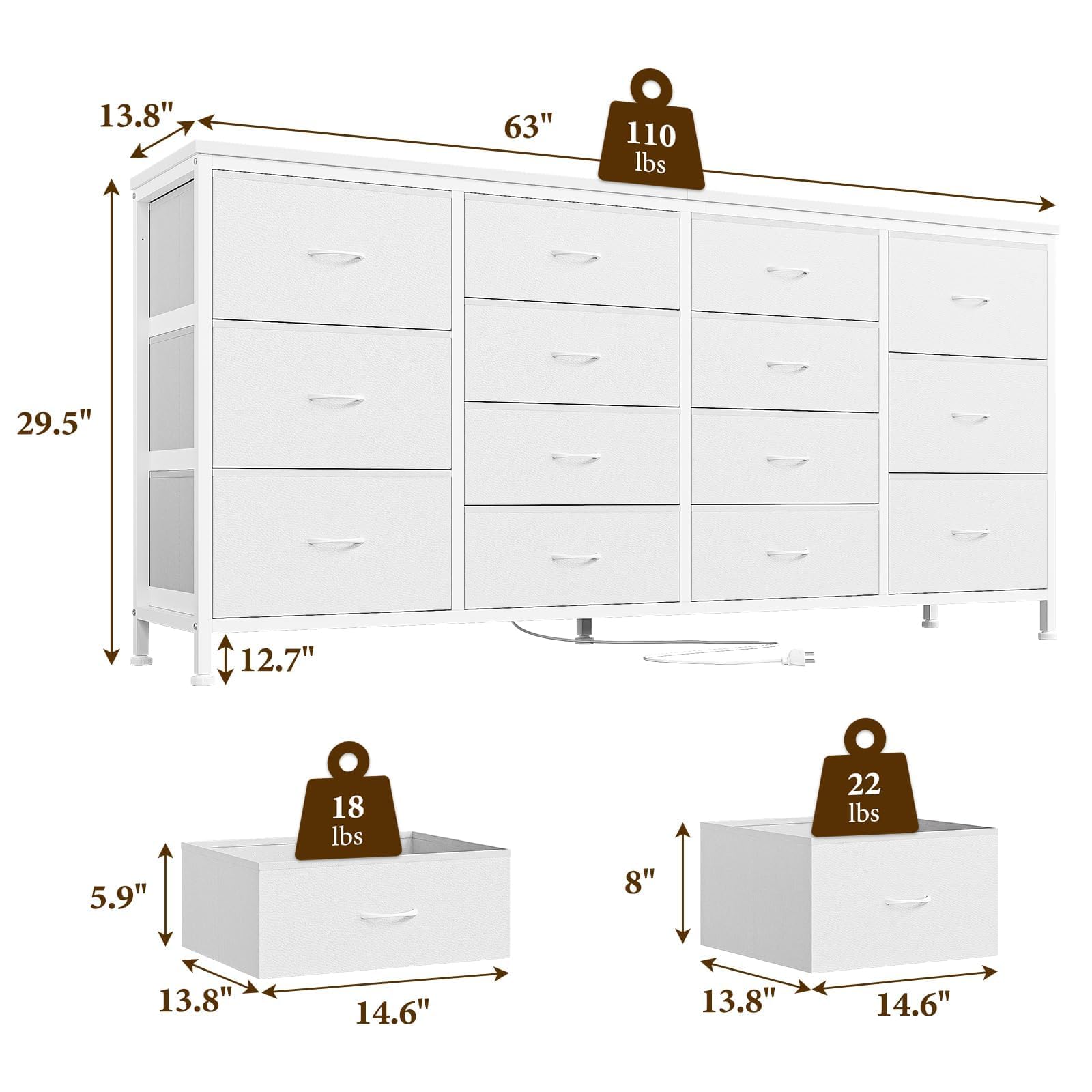 GarveeHome Organización Moderna para el hogar – Cómoda con 14 cajones de Tela, Estructura metálica y enchufes eléctricos/USB, para Dormitorio, salón o habitación Infantil, 160x35x75 cm, Blanco