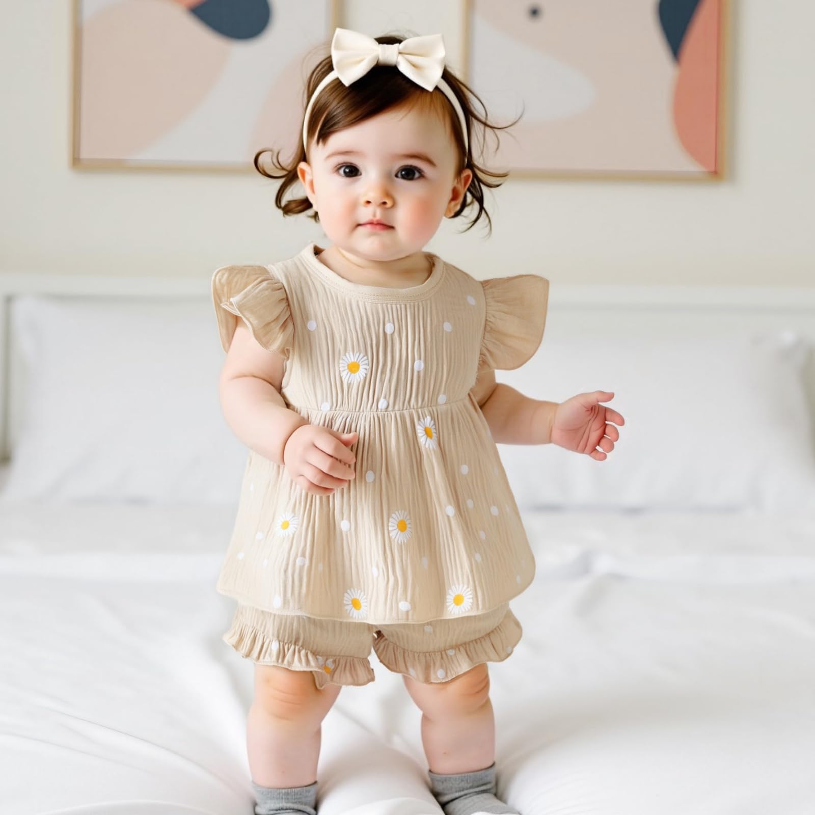 Newborn Infant Girl Clothes Daisy Print Ruffle Sleeve Shirt Dress Tops Shorts Baby Summer Outfit 3 6 12 18 24 Month (Khaki, 18-24 Months)