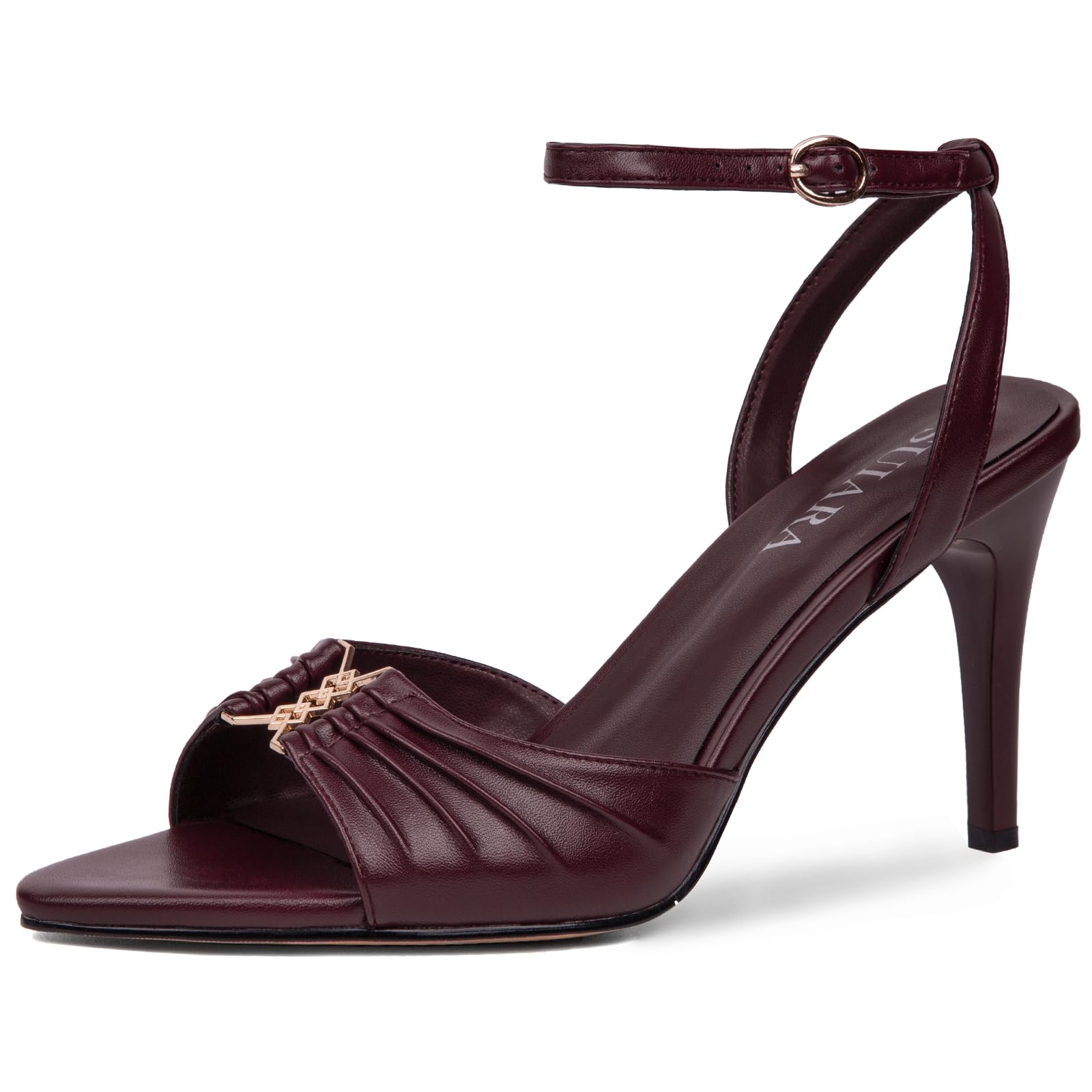 SUIARA Burgundy Stiletto High Heeled Sandals for Women Pointed Peep Toe High...