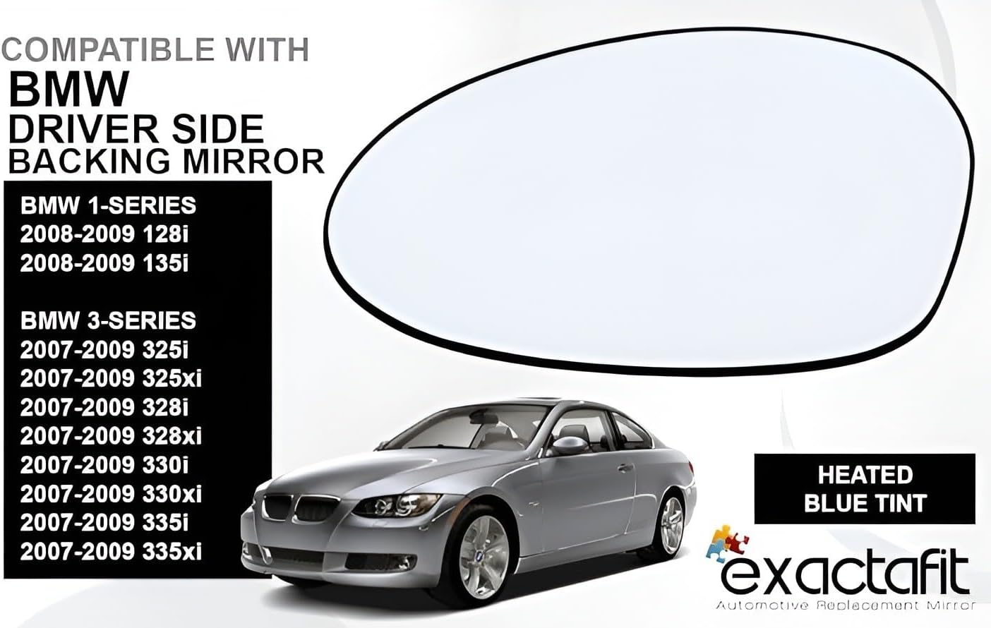 Driver Side Mirror Glass with Backing Plate Heated For 2008 2009 BMW 128i 135i, 2007 2008 2009 325 328 330 335 3-Series Left Door Mirrors Blue Tinted 51167157247
