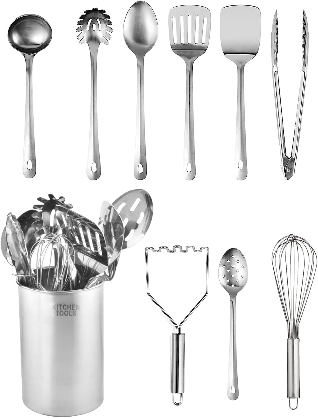 Evokk 10-Piece Stainless Steel Kitchen Utensils Set – Nonstick, Heat Resistant Cooking Tools for Home & Professional Use, Includes Turner, Ladle, Spaghetti Server, Whisk, Potato Masher, Tongs & Holder