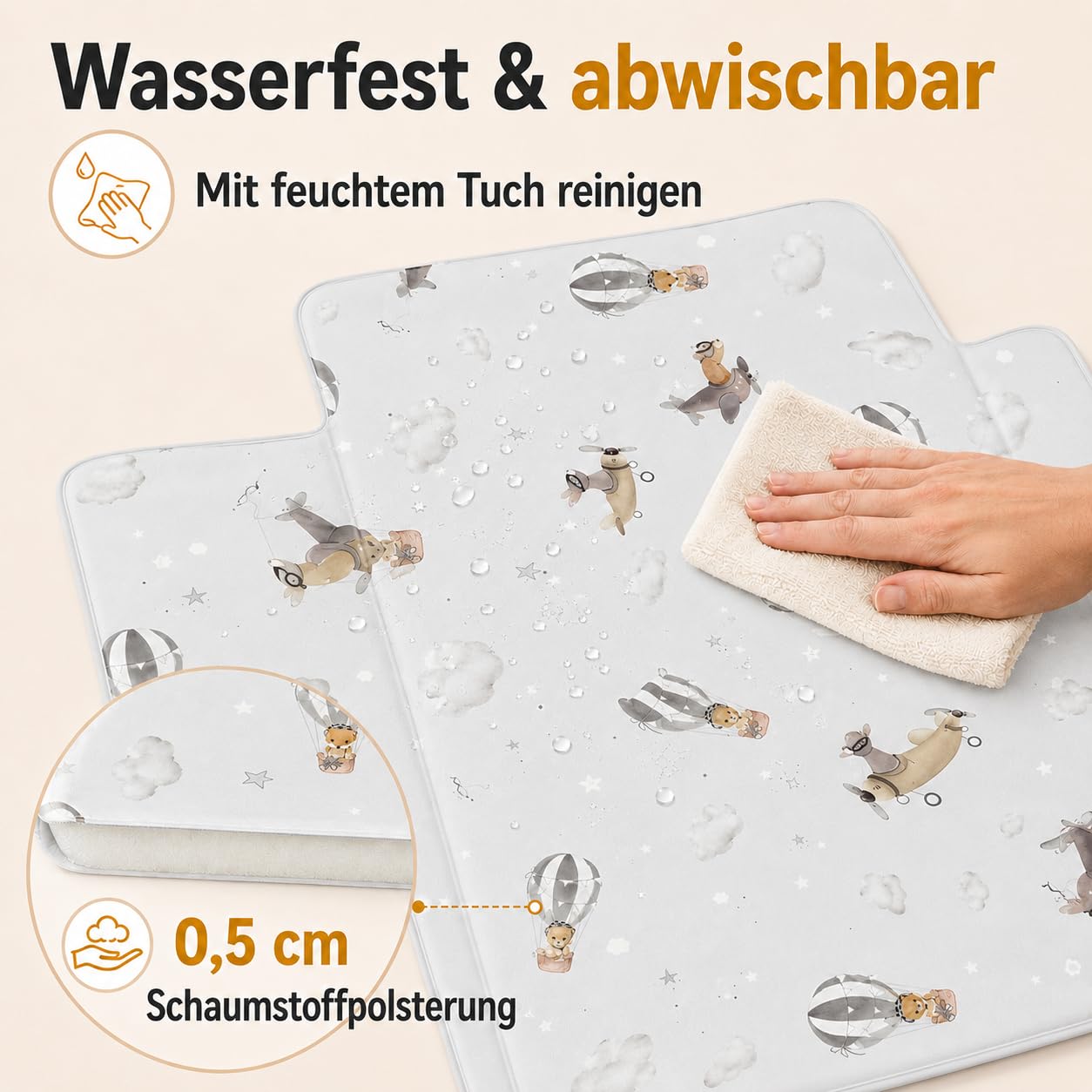 Matelas à Langer Pliable 77 x 44 cm, de voyage, Motif Montgolfière | Pliable, compact pour voyager, surface essuyable, rembourrage doux, matelas à langer pratique en déplacement