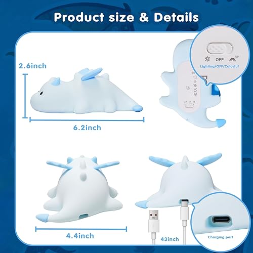 Miniatura 6 de Linda luz nocturna para niños con diseño de dragón para bebés, linda lámpara de silicona suave de 3 niveles regulable, cambiante, recargable, para