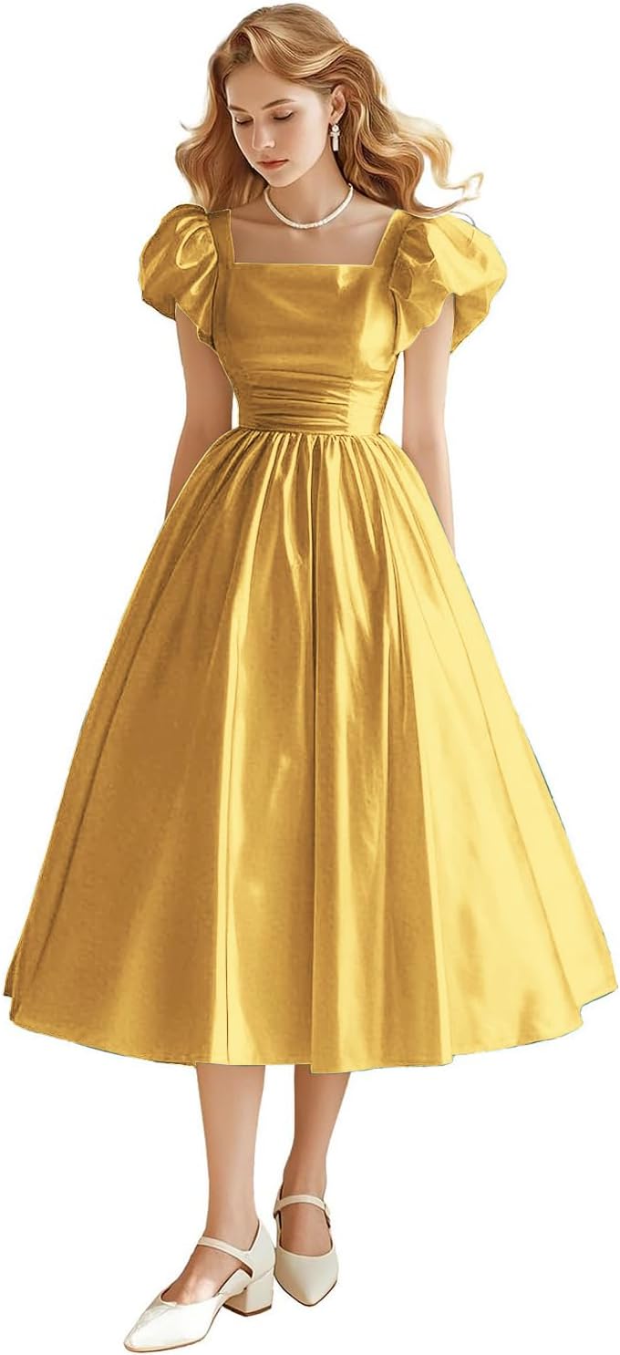 Satin Tea Length Prom Dresses 2026 with Pockets Short Sleeves Formal Dresses with Bow LZY615