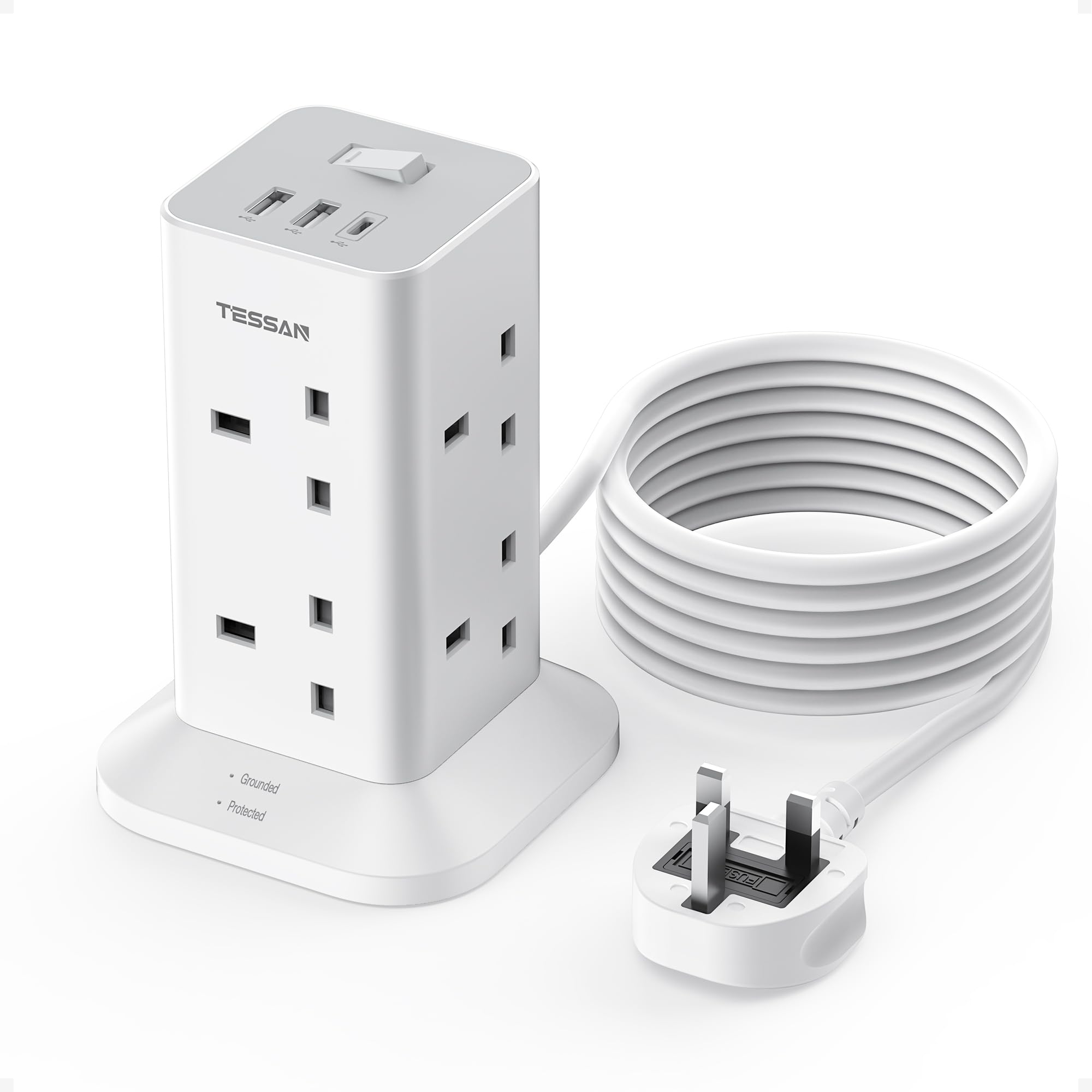 Tower Extension Lead 3M with 3 USB Slots, TESSAN Extension Cable 8 Way Multi Socket Plug with Switch, Surge Protected Power Strip for Home, Office, Kitchen Supplies