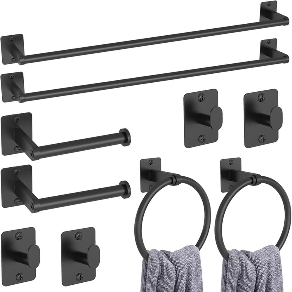 VVW&LIU 10-Piece Bathroom Accessories Set in Black: Towel Bar, Hooks & Toilet Paper Holder,Black
