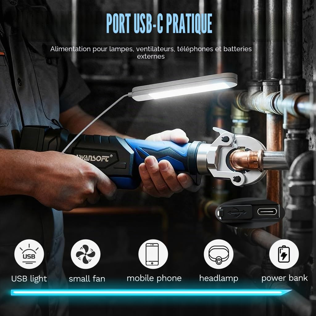 SWANSOFT 18V Pince à presser hydraulique pour tubes avec profils V/U/TH, kit outil de sertissage sans fil avec 12 matrices V15-18-22-28 U16-20-25-32 TH16-20-26-32 pour tube cuivre, inox et multicouche