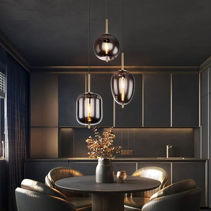 Globo 3 lampen hanglamp BLACKY rookglas kogellamp met 46cm lampkap messing photo 2