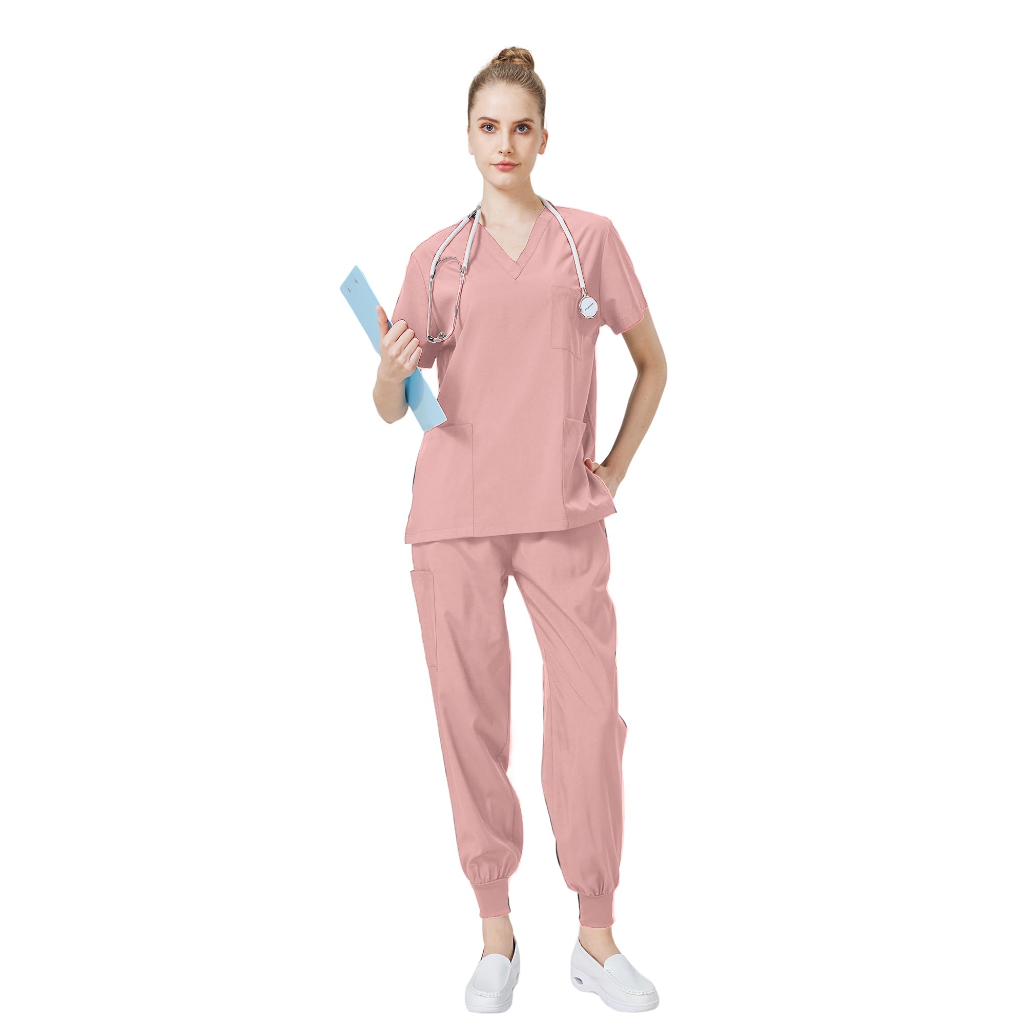 DK05 Combinaison médicale à col en V et manches courtes avec 3 poches Pantalon slim Séchage rapide Unisexe