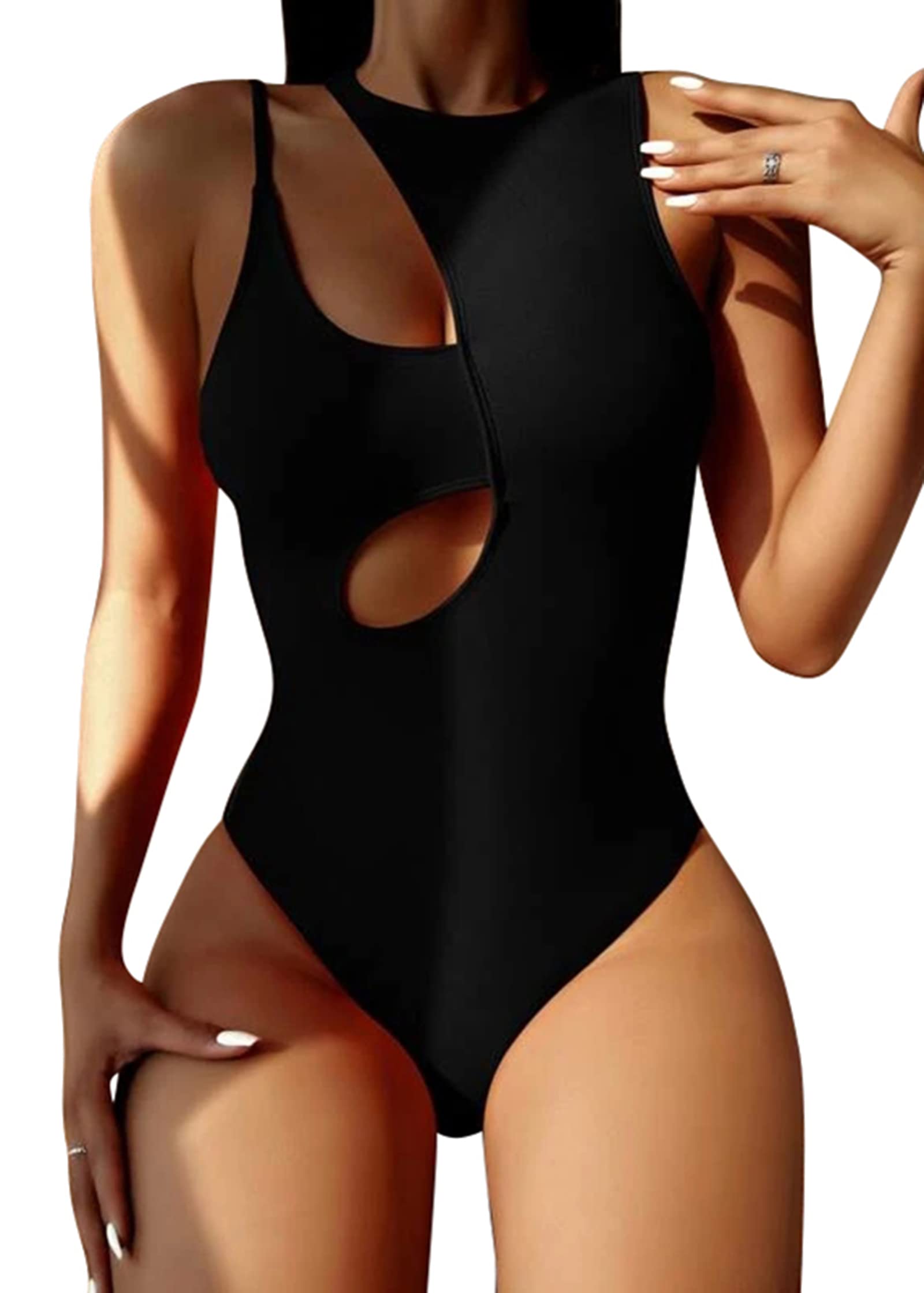 HilinkerWomen's Cutout Swimsuit High Waisted Monikini One Piece Bathing Suit, Black, Small