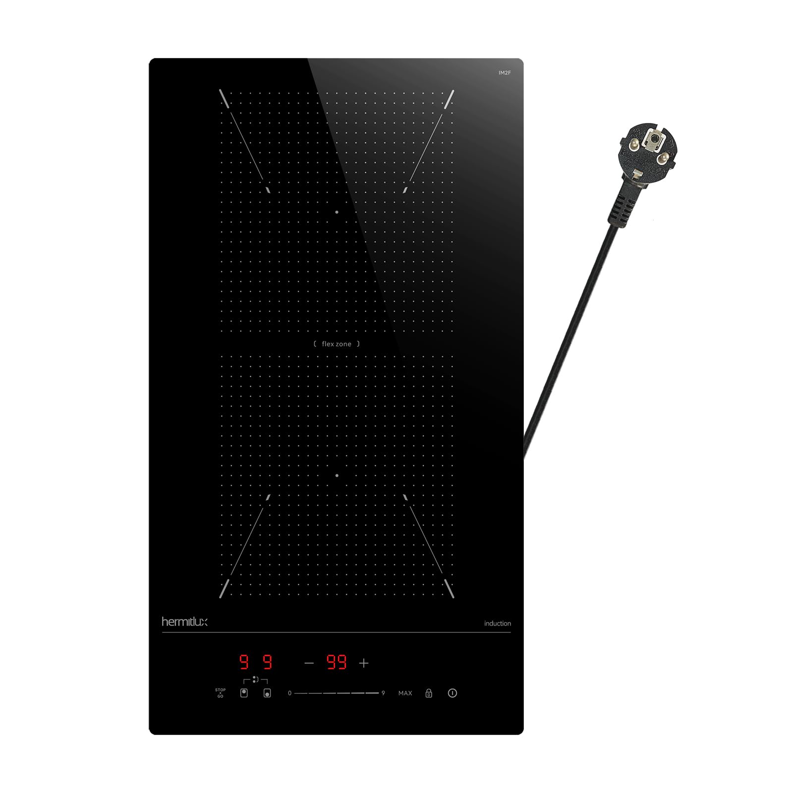 Hermitlux Placa de inducción Flexzone 30 cm empotrable con 9 niveles de potencia y función Booster 3500 W