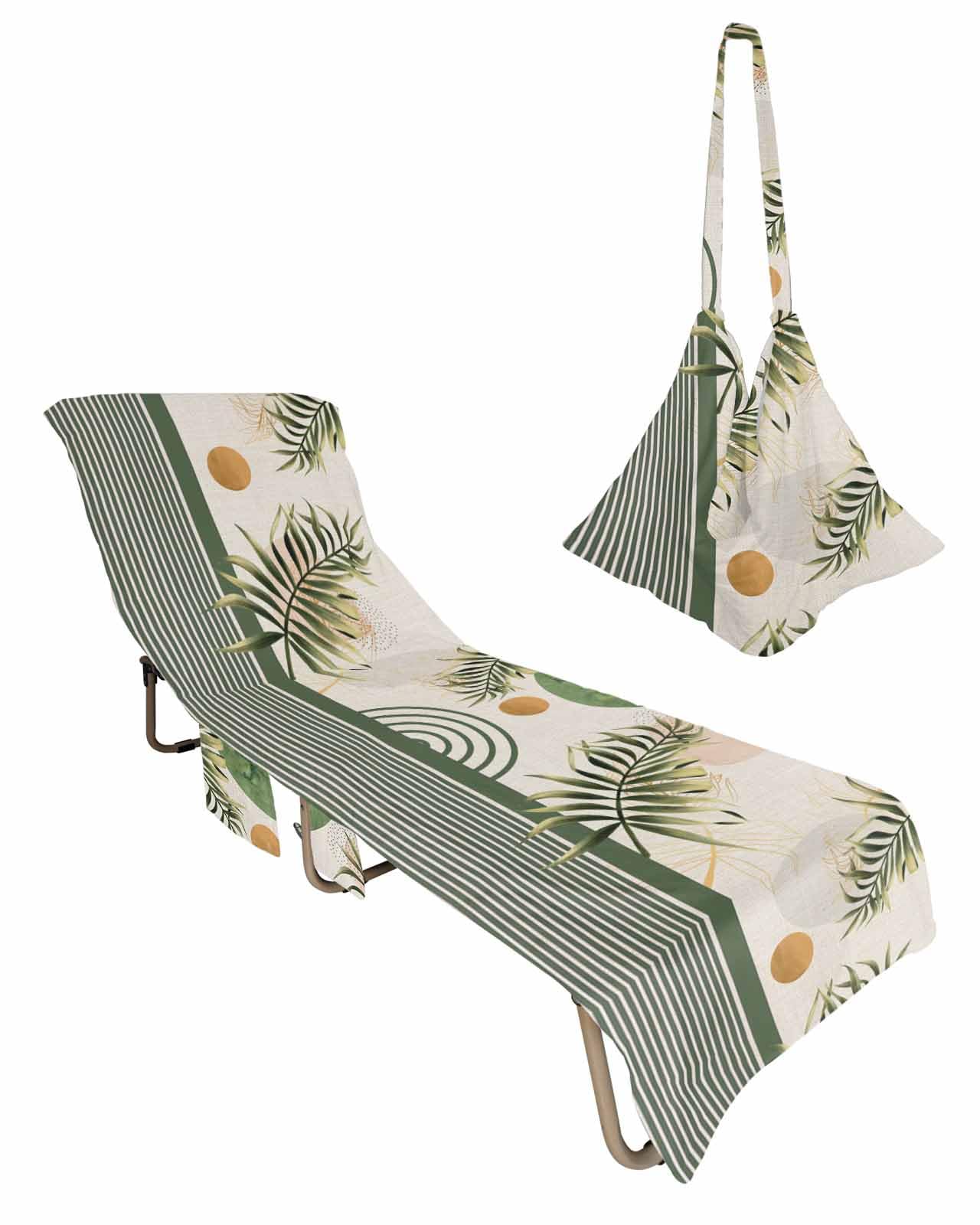 Abstract Leaves Beach Chair Towel Covers for Chaise Lounge with Side Pocket, Soft Plush Pool Towels Cover for Patio Sunbathing Outdoor 29''x85'' Boho Middle Century Vintage Sun Geometric