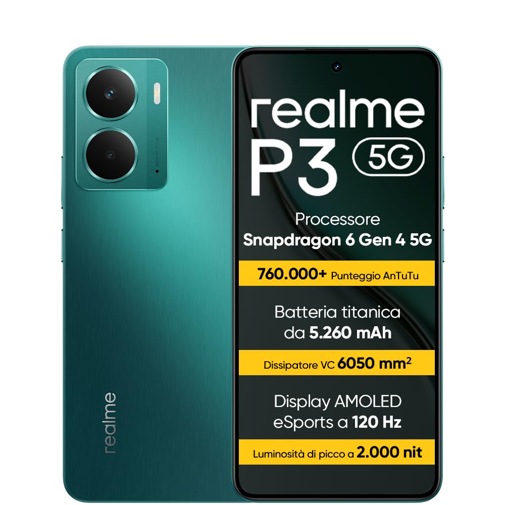 realme P3 5G Smartphone 8+256 GB, Processore Snapdragon 6 Gen 4 5G, Batteria titanica da 5260mAh,Ricarica rapida da 45W, AMOLED da 120 Hz, Luminosità di picco a 2.000 nit, IP69, Green