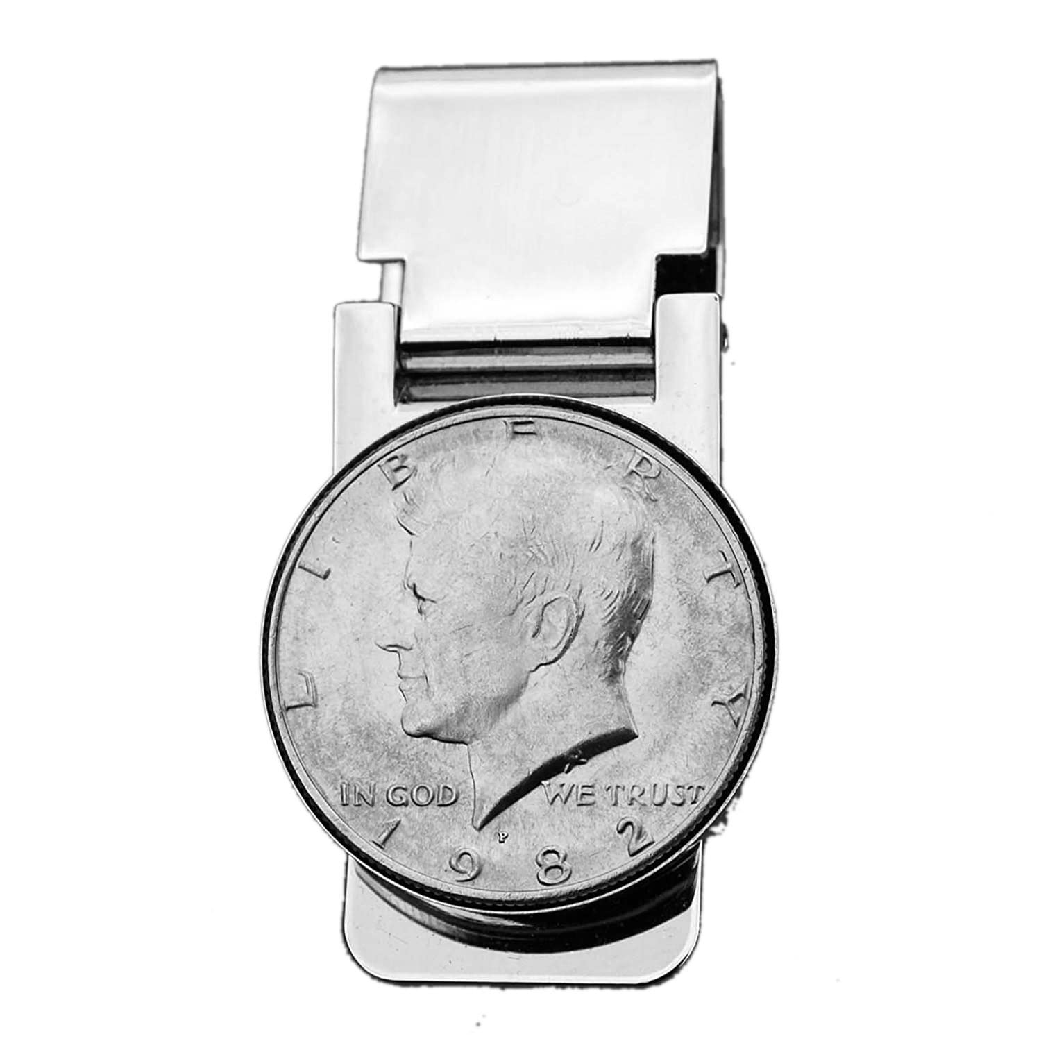 US 1982 Kennedy Half Dollar Coin Hinged Money Clip NEW - Silver Plated Coin Bezel