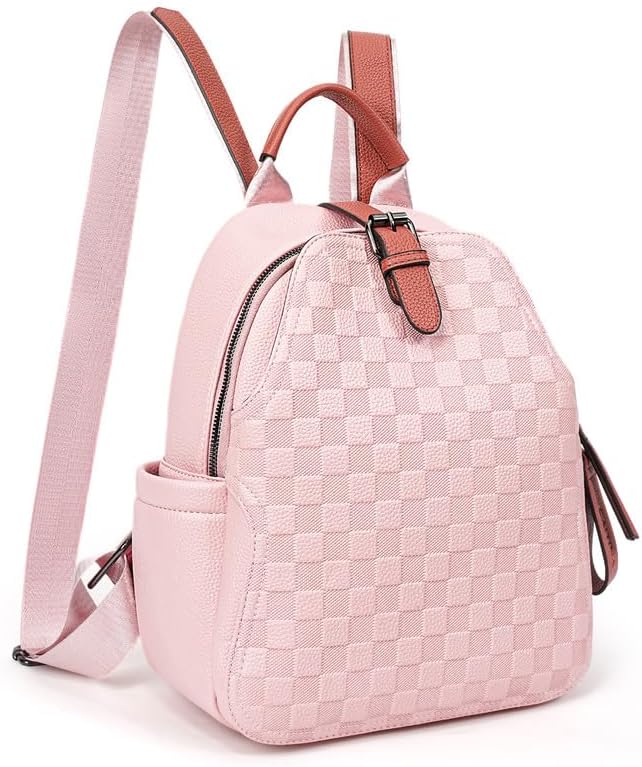 Small Backpack Purse for Women Cute PU Leather Backpack Plaid Backpack for Women Travel & Work Pink