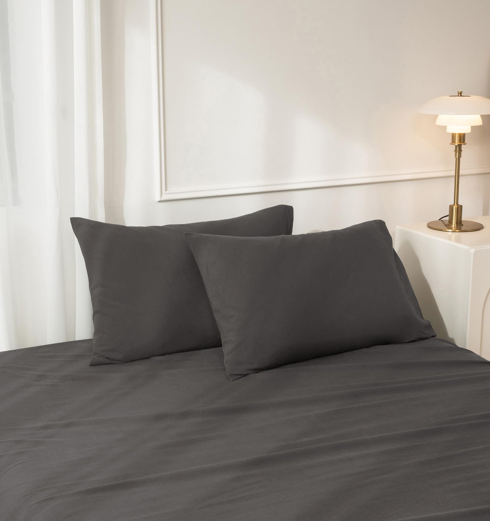 Photo 1 of JIYUAN Queen Washed Cotton Pillowcases, Set of 2, Dark Grey