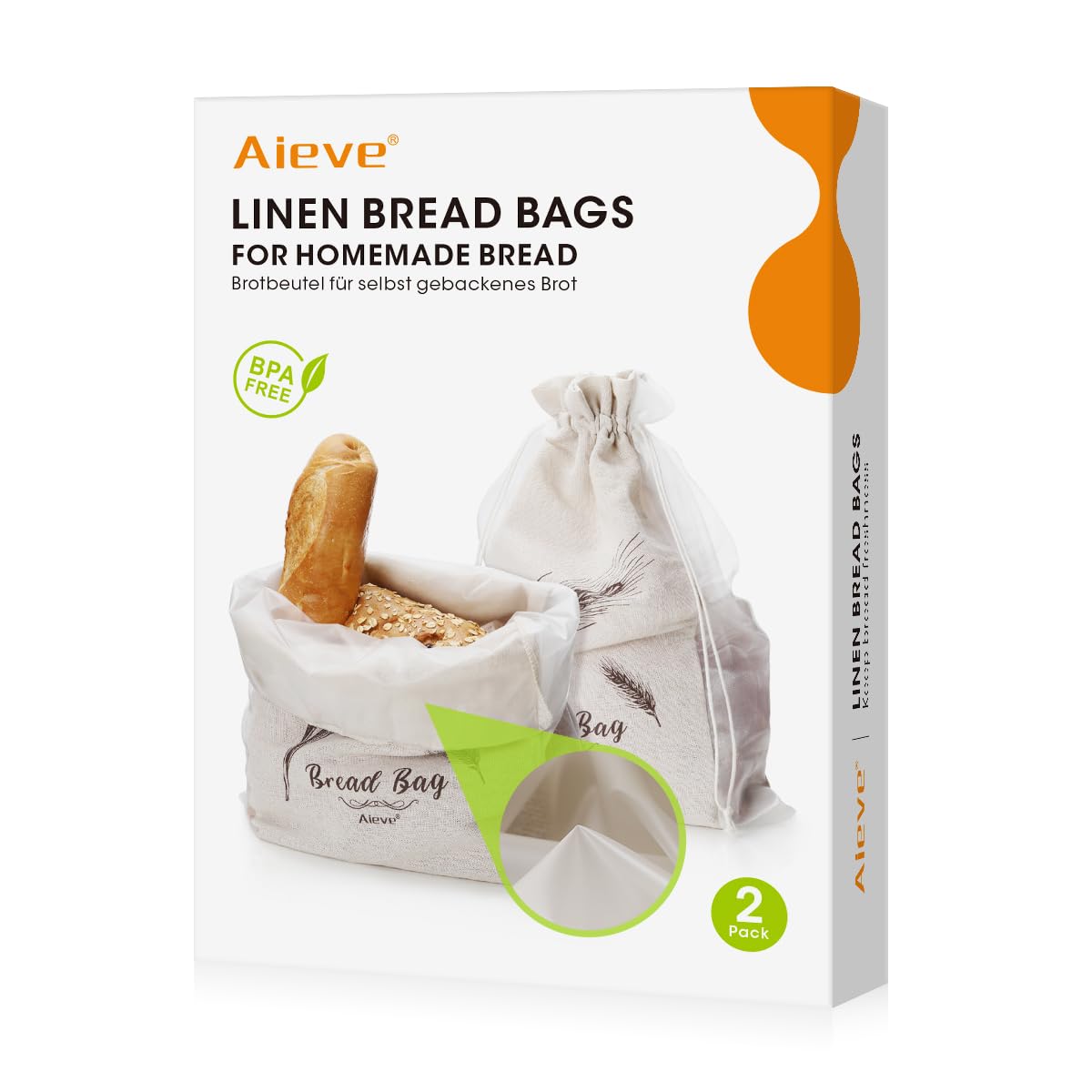 AIEVELinen Bread Bags, 2 Pack Reusable Bread Bags for Homemade Bread, 18 X14 Inch Sourdough Bread Storage Bags