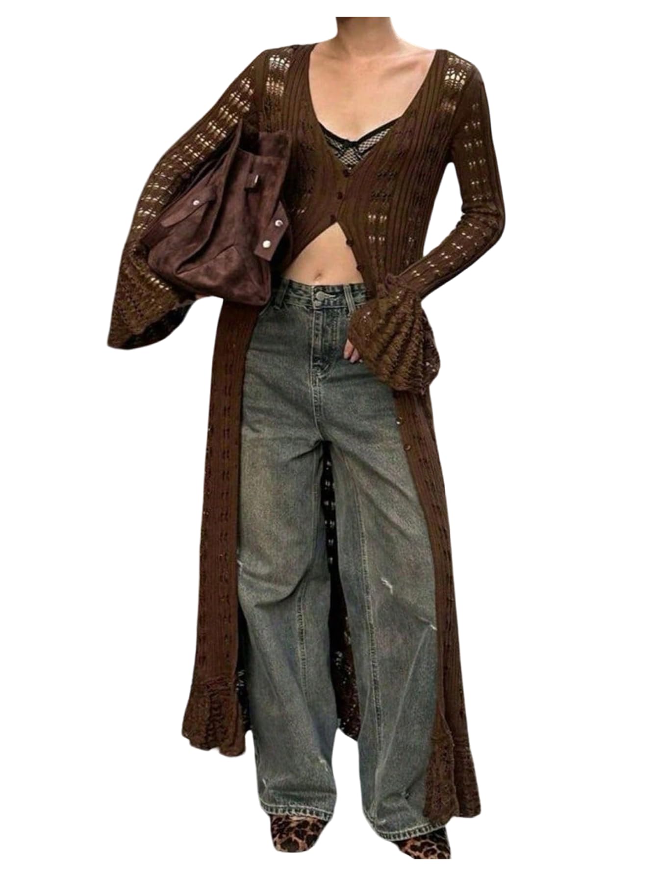 Verdusa Womens Crochet Long Cardigans Hollow Out Knit Sweater Cover Up Maxi Dress Long Sleeve Button Down Cardigan