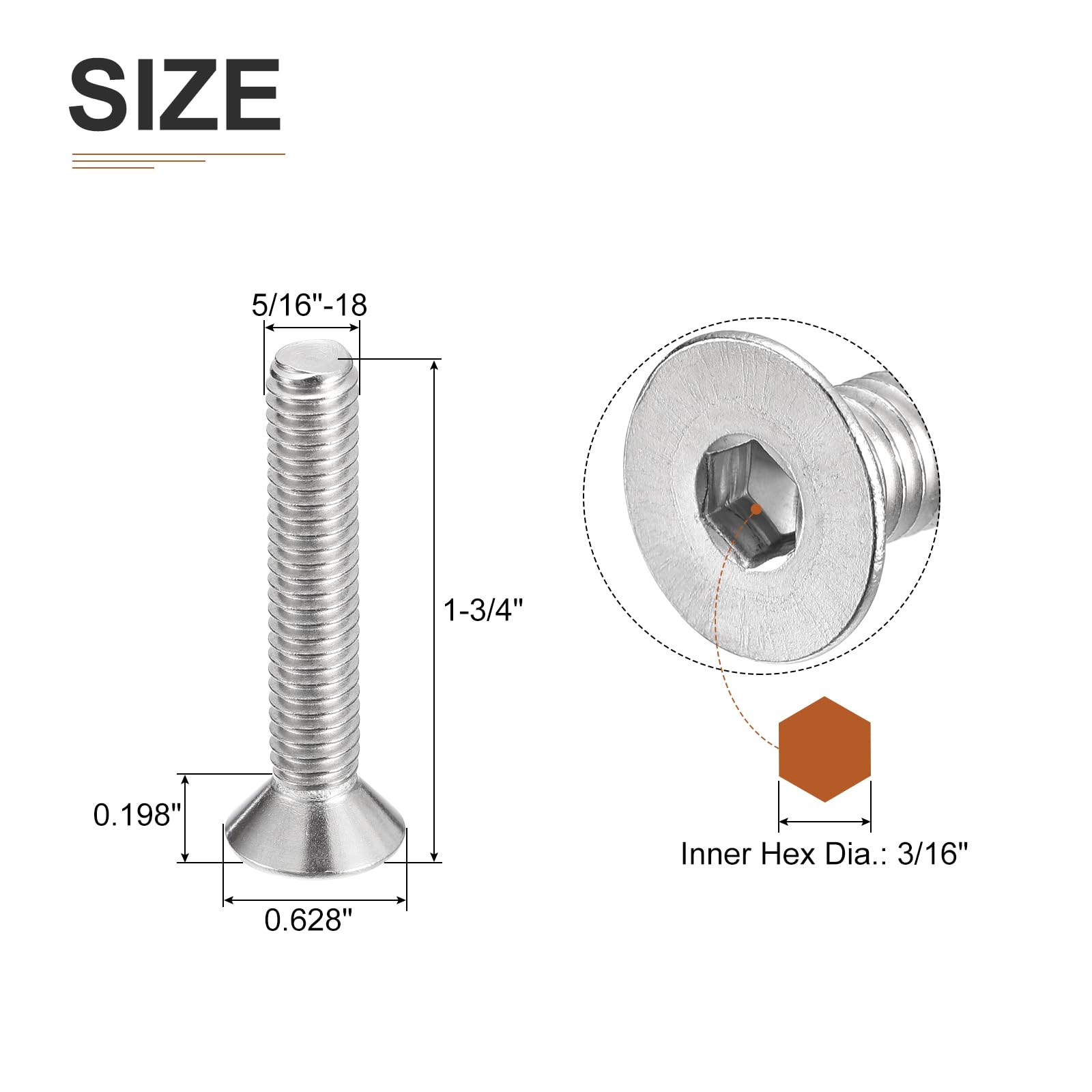 DTGN 5/16-18 x 1-3/4" Flat Head Socket Cap Screws, 10 Pack 304 Stainless Steel Hex Socket Flat Head Screws, Full Thread - Image 2