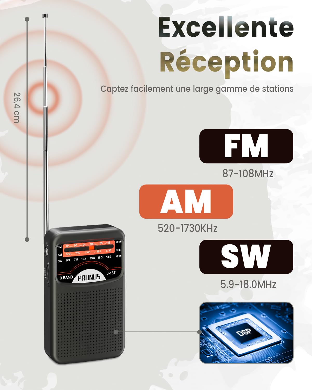 PRUNUS J-167 Petite Radio Portable FM Rechargeable USB-C