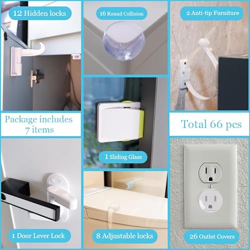 66 Pack Baby Proofing Kit | 12 Hidden Cabinet Drawer Locks, 