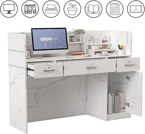 Miniatura 5 de Estaciones de recepción con estante abierto y cajones, escritorio de madera con cajón con cerradura para oficina y sala de recepción (blanco mármol)