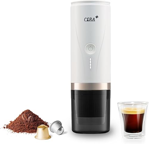 CERA+ Máquina eléctrica portátil de café expreso, cafetera autocalentable, presión de 20 bares compatible con cápsulas NS y café molido para viajes,