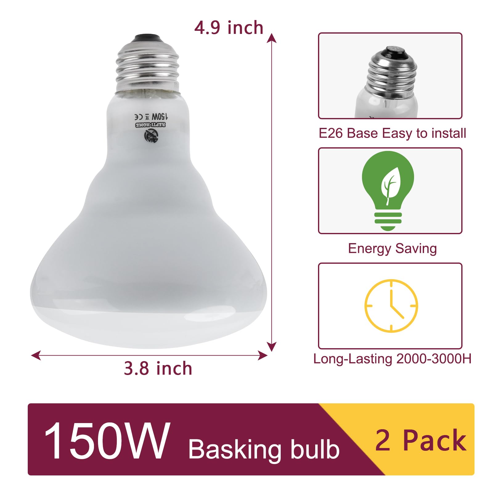 REPTI HOME 150W Reptile Heat Lamp Bulb 2 Pack,Basking Spot Lamp Bulb for Reptiles & Amphibians，Reptile Daylight Heat Bulb for Bearded Dragon, Lizard, Turtle - image 3