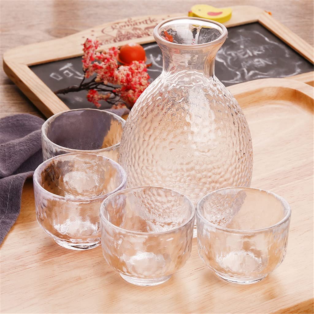 MRKU Ensemble de Tasses à saké en Verre Japonais, Un Pot, Quatre Verres à vin, Pot à saké et vin Blanc, Flacon, Tasses Transparentes Faites à la Main, Bar, Verres à Boire, Cadeaux