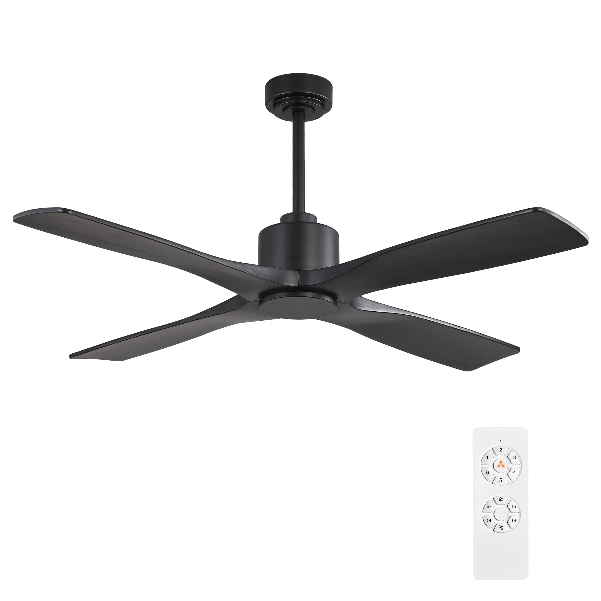 WINGBO 48" DC Ceiling Fan without Lights, 4 Carved Solid Wood Blades, 6-Speed Noiseless Reversible DC Motor, Modern Ceiling Fan No Light with Remote, Matte Black Finish with Black Blades, ETL Listed