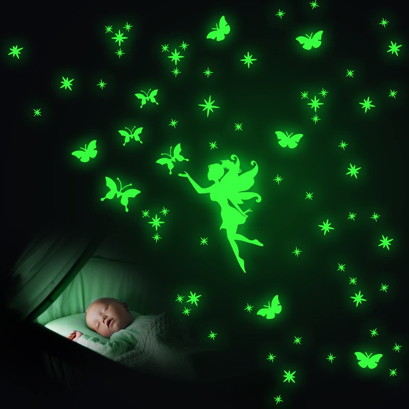 Feen Leuchtender Wandaufkleber, Leuchtsterne Selbstklebend für Kinderzimmer Mädchen Schlafzimmer Babyzimmer Deko, Leuchtsticker Fee Wandsticker, Leuchtpunkte Sternenhimmel Dekoration