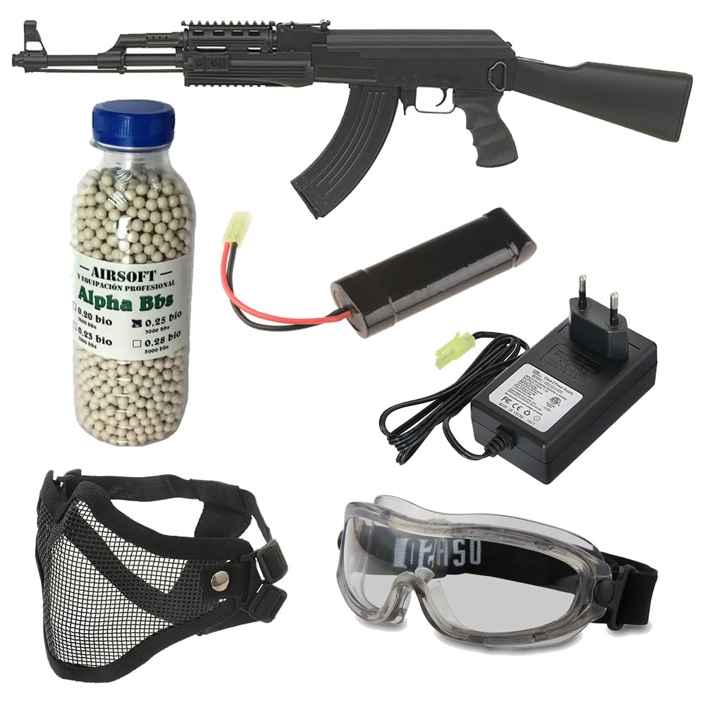 Pack Airsoft Rifle eléctrico CM.520 AK47 Negro con batería, Cargador de batería, Cargador de Bolas, Gafas homologadas, máscara Facial y Botella de 3000 Bolas. Potencia 1 Julio