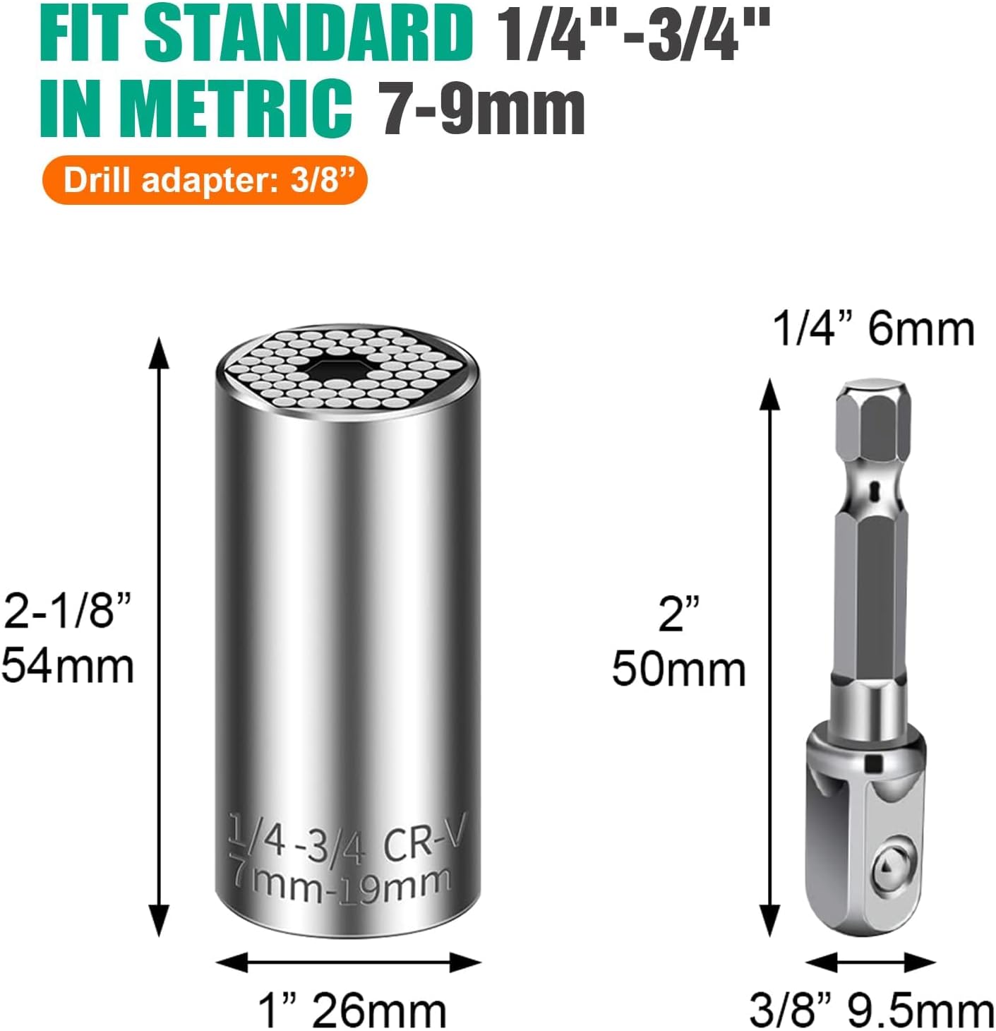 Prowin 2 Pack Universal Adjustable Socket Wrench Set 7-19mm w/Drill Adapter image 4