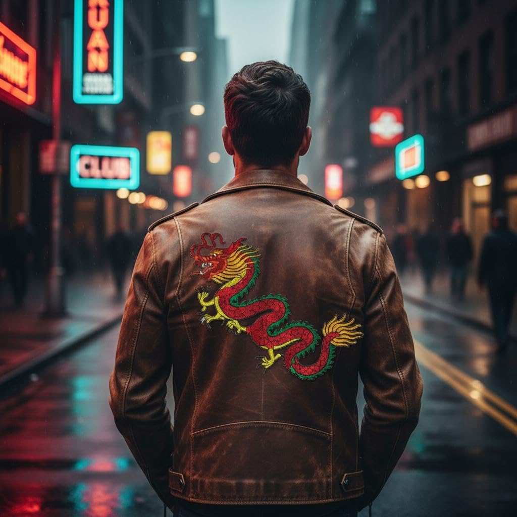 Chinese Gold Dragon Decorative Iron-On Embroidery Patch - Handcrafted Vibrant Applique for Jackets Clothing and DIY Projects 8.5 x 5.5 Inch Multi-Color (Red)