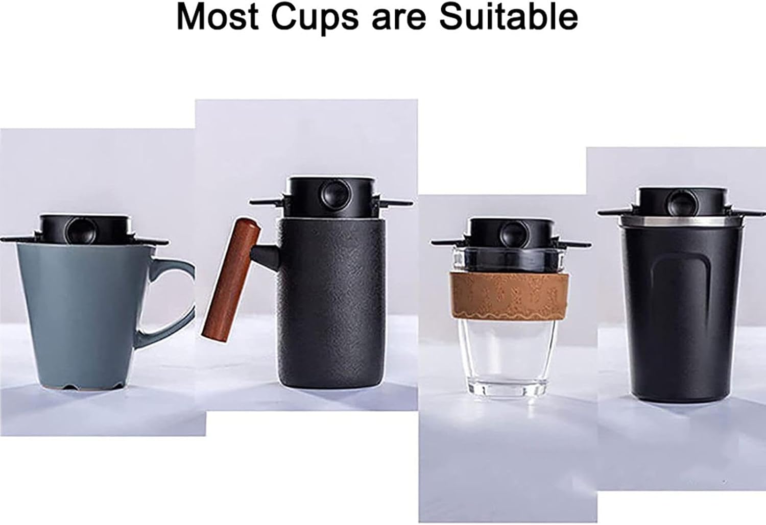 6 Pcs Stainless Steel Cone Reusable Coffe Filter Basket with Foldable Stand, Double Laywer Structure for Ceramic Cup, Wooden Handle Thermos Cups, Easy to Clean