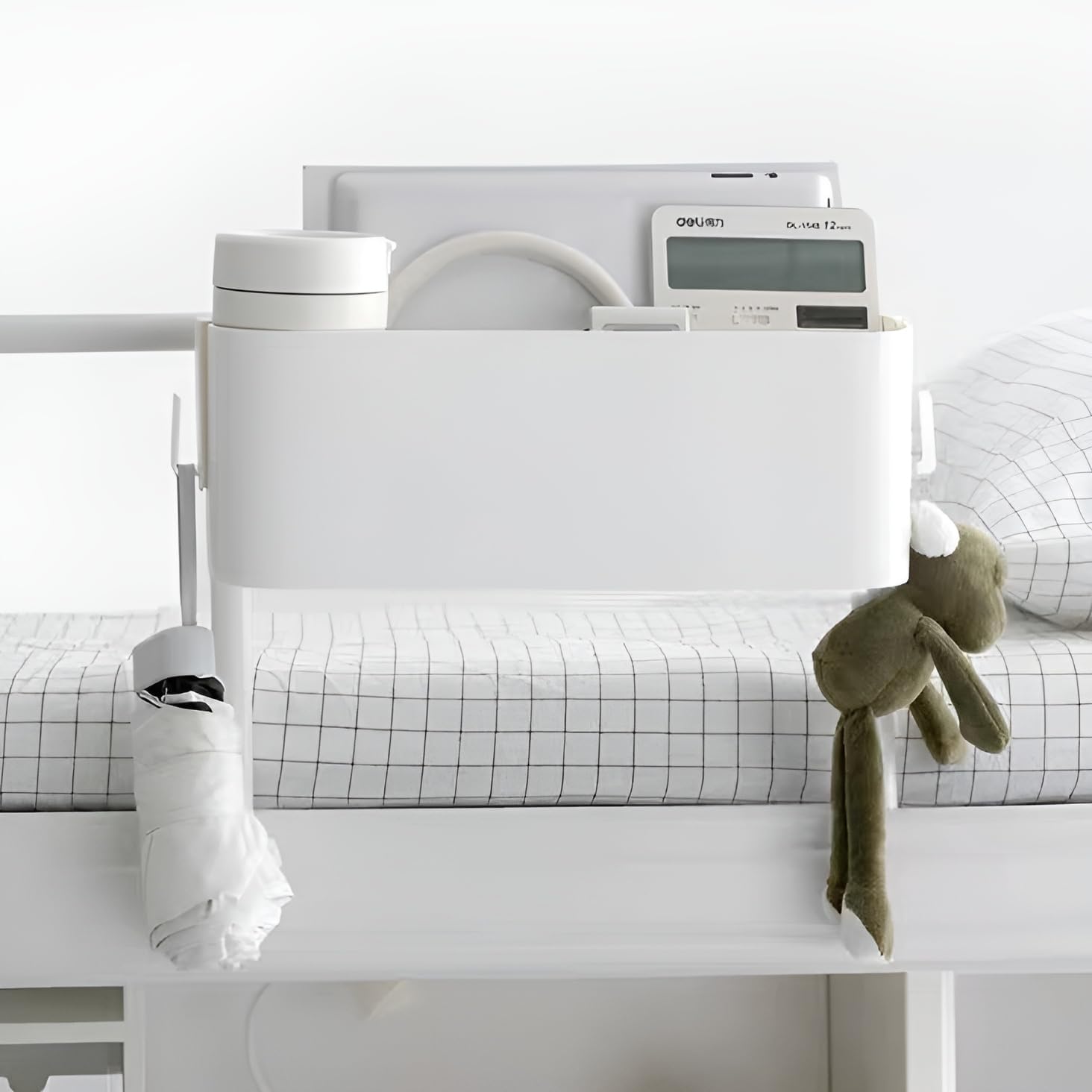 Bedside Organzier Caddy Hanging, Plastic Bunk Bed Shelf with Hooks, Large Storage Holder for Dorm Room Bed, Hospital Bed, Baby Bed Rails, 11 Lbs / 5 Kg Capacity (White)