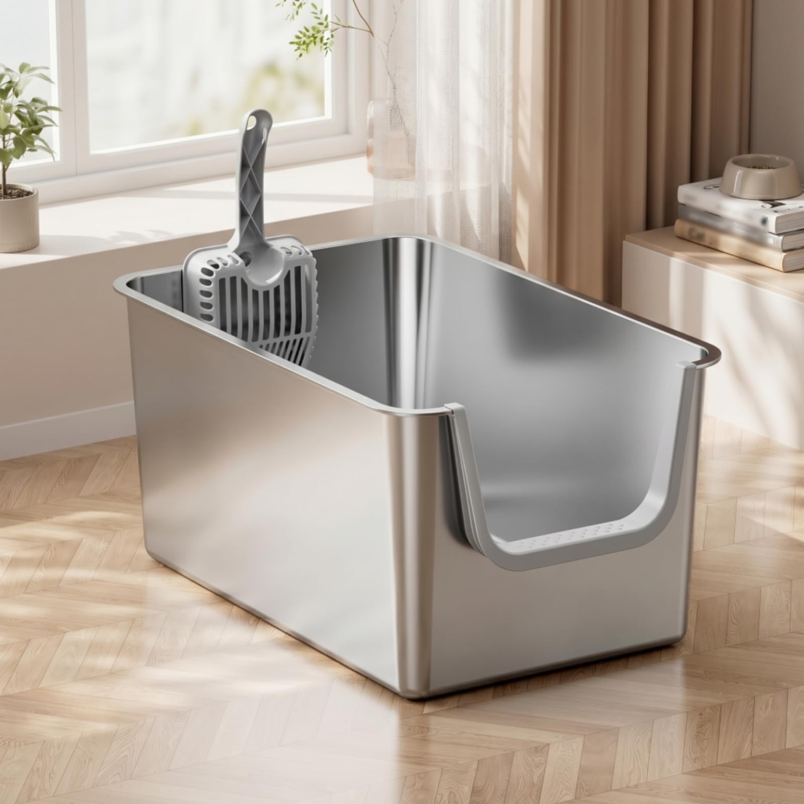 Lettiera in Acciaio Inox con Paletta, Grigio Chiaro, Apertura Laterale, Con Paletta Per Lettiera Extra Large E Adesivi Antiscivolo