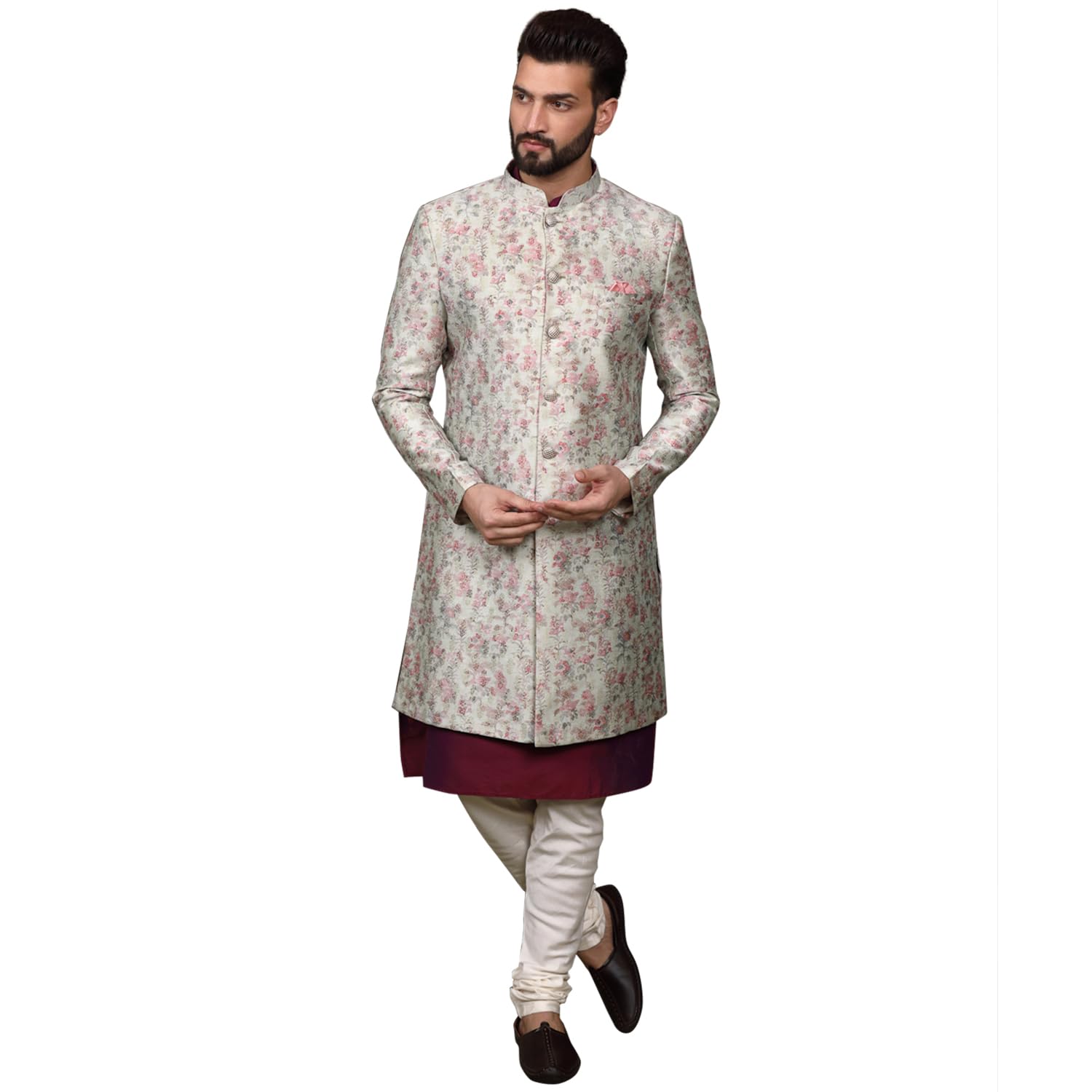Men's Ethnic Wear Silk Blend Woven Design Regular Fit Multi-Purple Kurta Indo-Western Sherwani Set Indo-Western-image-26