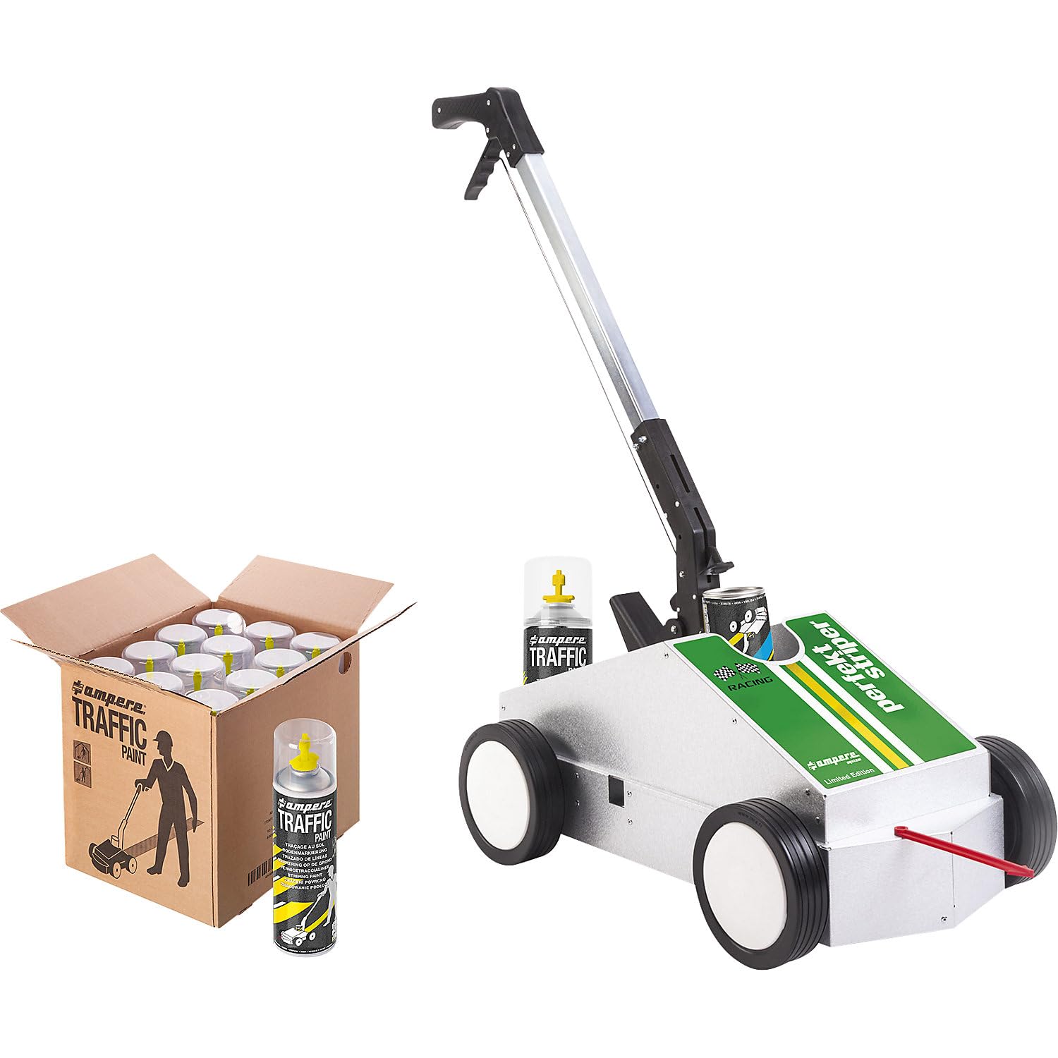 Ampere | Bodenmarkierwagen-Set | Markierwagen mit 12 Dosen Traffic Extra Paint | Gelb | inkl Zubehör