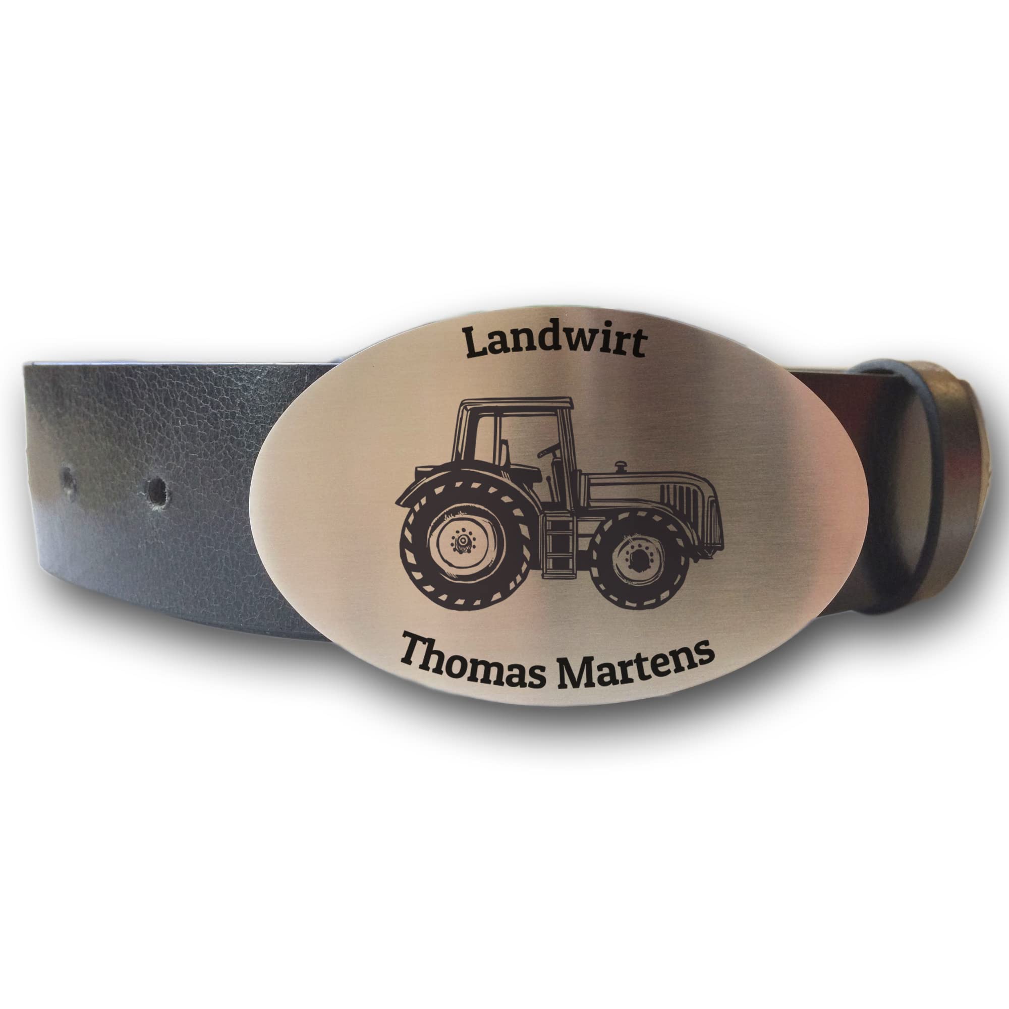 Ledergürtel mit ovaler Gürtelschnalle Traktor und Wunschgravur personalisiert Dein Text Name Landwirt Bauer Trecker Gürtel Geschenk Bulldog (L (Länge 120 cm))
