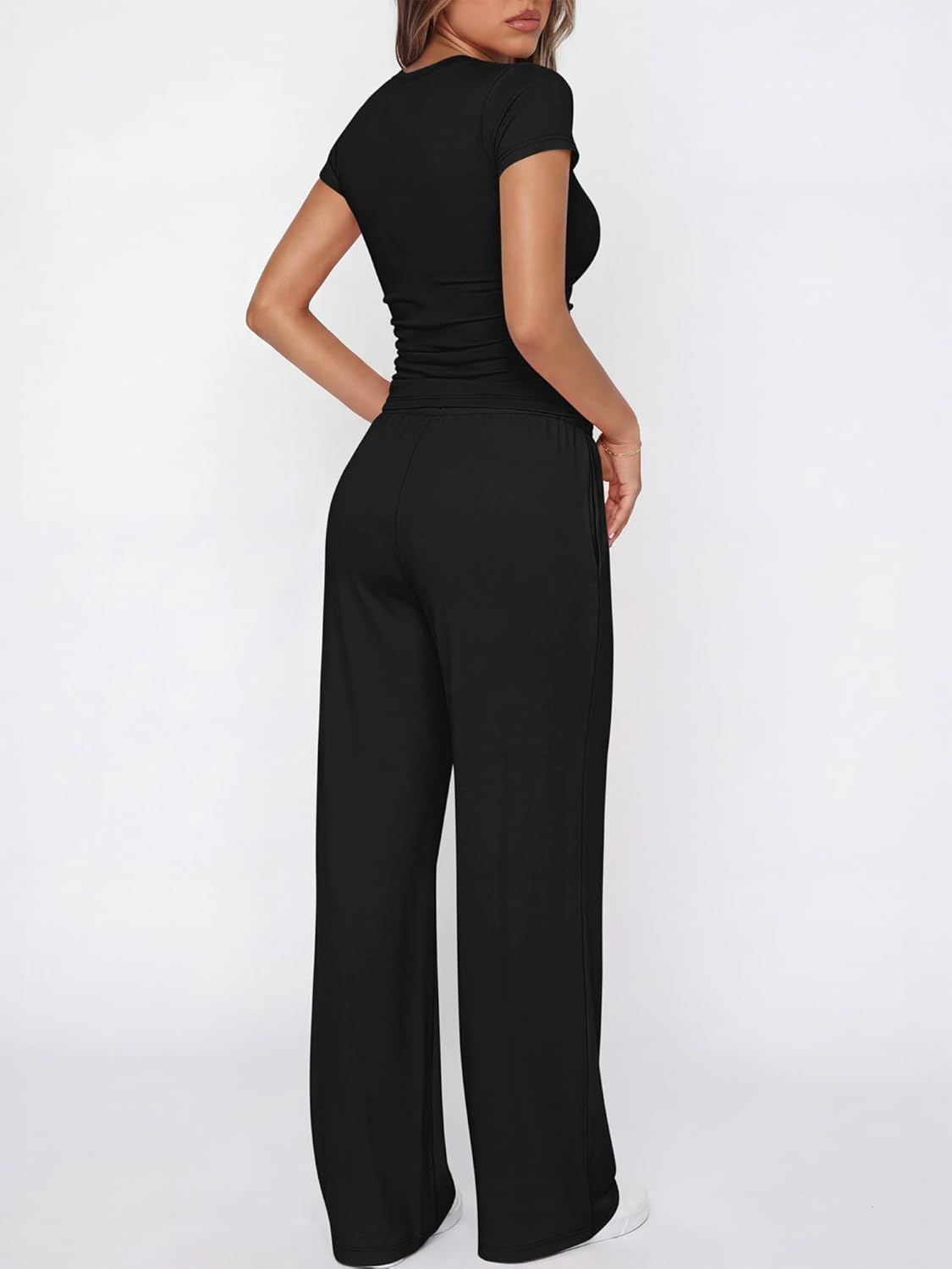 ANRABESS Women's 2 Piece Summer Matching Lounge Sets Wide Leg Pants Ruched Crop Tops Sweatsuits Sets Spring Travel Clothes - Image 5