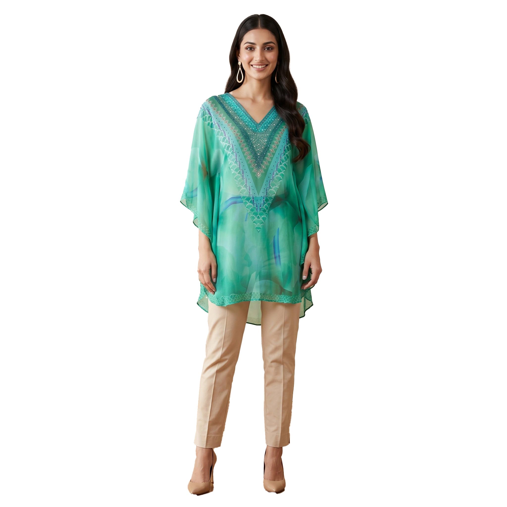 Turquoise Embellished Floral Tunic in Viscose Georgette for Women by Ramola Bachchan-image-46