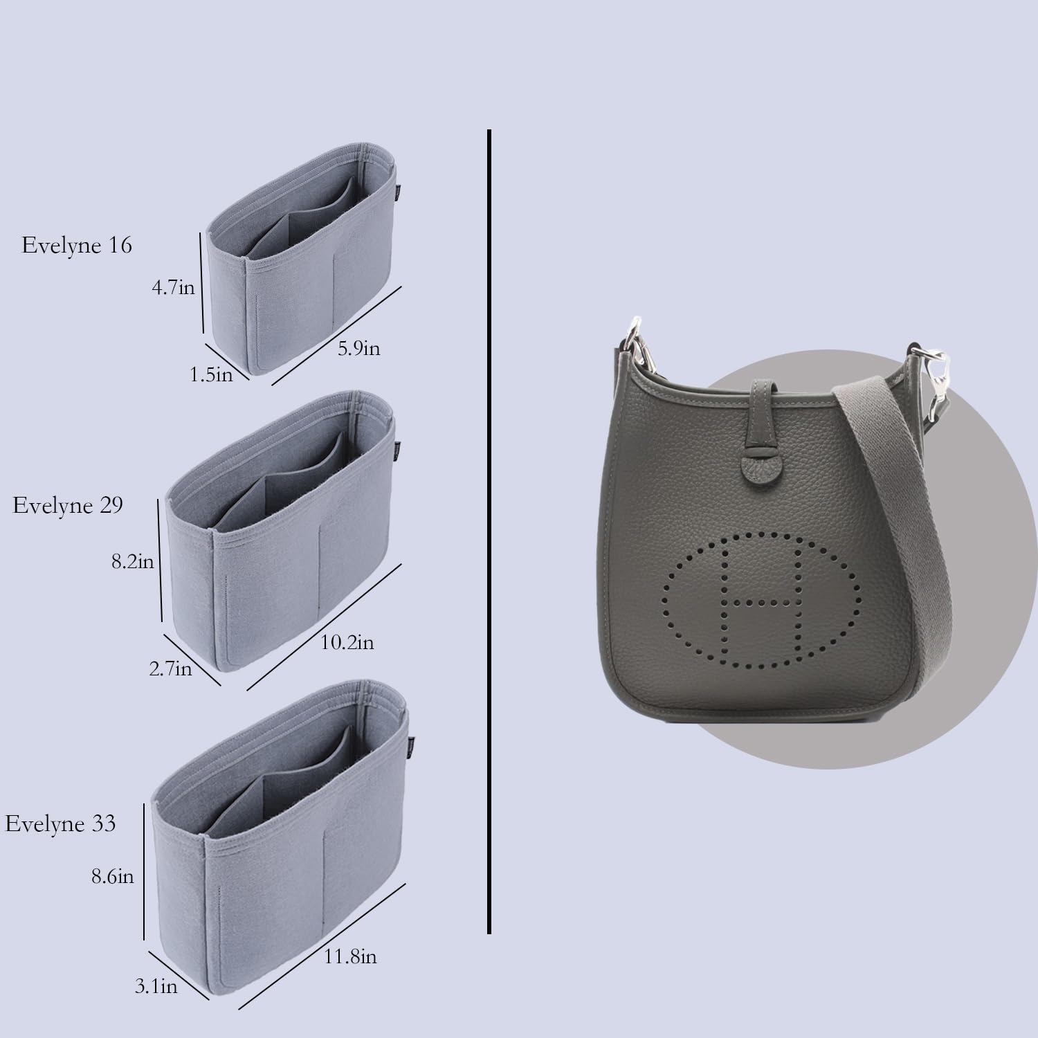 D.DUO Insert de rangement de sac, insert de sac fourre-tout, séparateur de portefeuille de poche pour Hermes Evelyne 16/29/33 (L, Gris