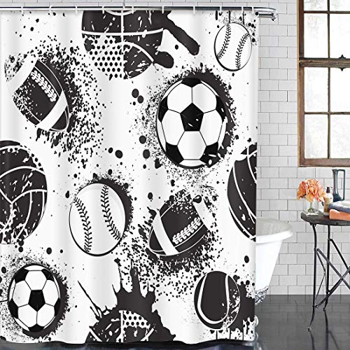 Emvency Shower Curtain Abstract For Boys Football Pattern Sport Urban With Ball Black And White Colors Dark Grunge Repeated Waterproof Polyester Fabric 72 X 72 Inches Set With Hooks #TOP1